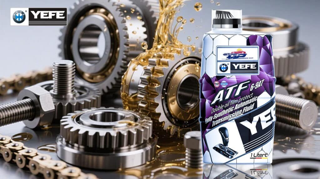 YEFE ATF 6-9AT fully synthetic automatic transmission fluid 1 Liter bottle with transmission gears, bearings, and chain components demonstrating proper transmission oil viscosity and SAE grade selection, showing how viscosity stability, shear resistance, and thermal protection maintain optimal lubricating film strength between moving parts, prevent metal-to-metal contact, and ensure reliable shifting performance across temperature ranges for automatic, manual, and CVT transmission systems