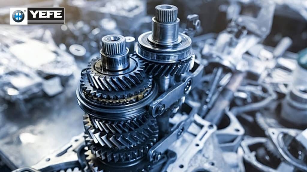 YEFE transmission oil viscosity and SAE grade selection showing transmission gears, shafts, and bearings requiring proper lubrication film strength, demonstrating how correct viscosity stability, shear resistance, and thermal protection prevent metal-to-metal contact, reduce wear, and ensure reliable shifting performance in manual, automatic, and CVT transmission systems across varying temperature conditions and operating loads