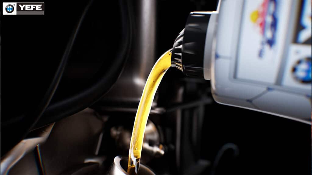 YEFE transmission oil being poured into transmission demonstrating proper viscosity and flow characteristics, showing how correct SAE grade selection ensures optimal lubrication, shear stability, and thermal protection for gears, bearings, and moving components, with golden transmission fluid flowing smoothly to illustrate the importance of viscosity stability for reliable shifting performance, cold start protection, and long-term transmission durability across varying temperature conditions