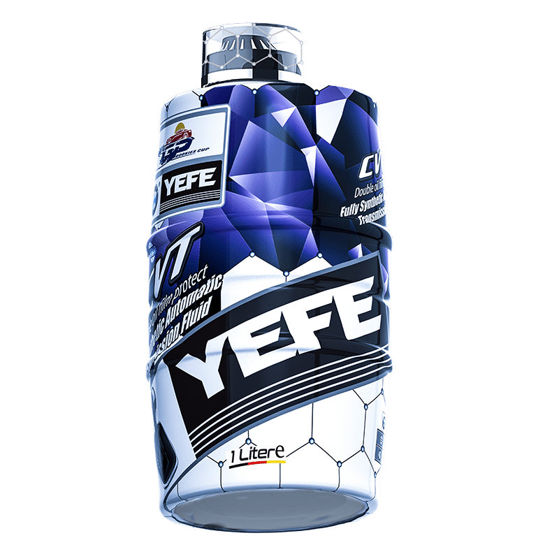 Angled view of YEFE CVT automatic transmission fluid bottle highlighting packaging and label design