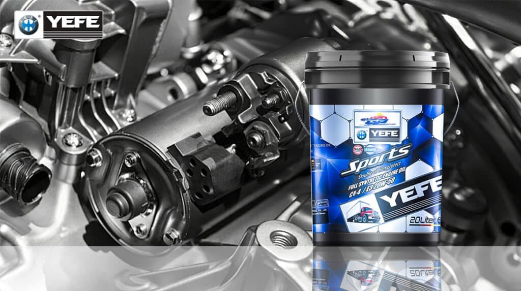 A 20-liter pail of YEFE Sports full synthetic diesel engine oil (CF-4/E3 20W-50) displayed in front of a detailed close-up of a heavy-duty diesel engine’s internal components, including valve train and piston assemblies; the image emphasizes the critical role of additive performance and oil film strength in protecting modern diesel engines from soot-induced wear, oxidation, and deposit formation under sustained high-load operation, aligning with technical selection criteria for long-haul and severe-duty applications where viscosity stability and dispersancy are essential for engine longevity and maintenance predictability.