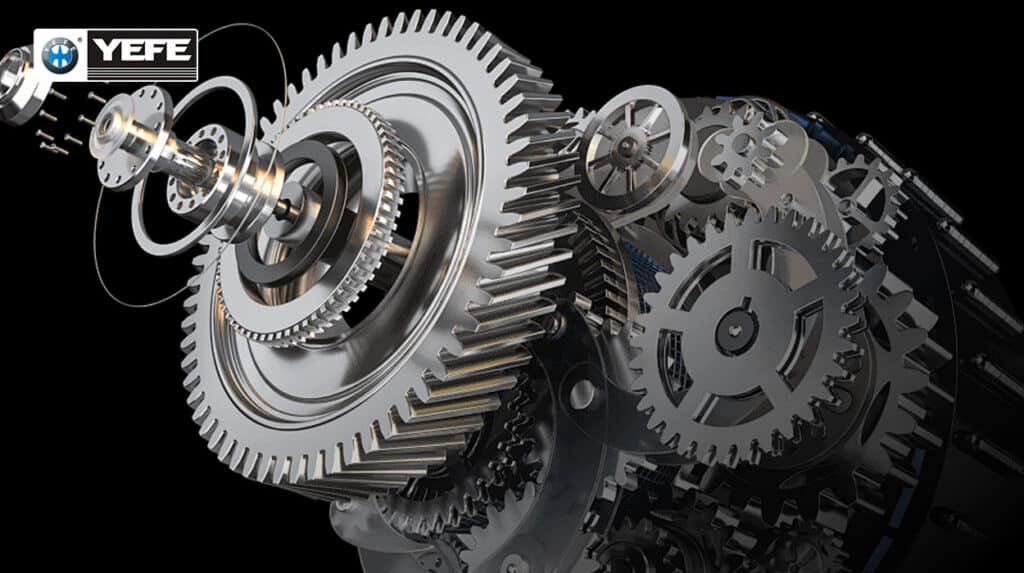 A detailed 3D rendering of a heavy-duty diesel engine's internal gear train and valvetrain components, showcasing the precision engineering of camshafts, gears, and bearings; this technical illustration emphasizes the critical need for high-performance truck engine oil like YEFE Sports CF-4/E3 20W-50, which is specifically formulated with robust additive packages to provide superior anti-wear protection, soot dispersancy, and oxidation resistance under the extreme pressure, high temperatures, and prolonged service intervals typical of commercial diesel engines, preventing the accelerated wear and sludge buildup that can result from using incompatible passenger car motor oil.