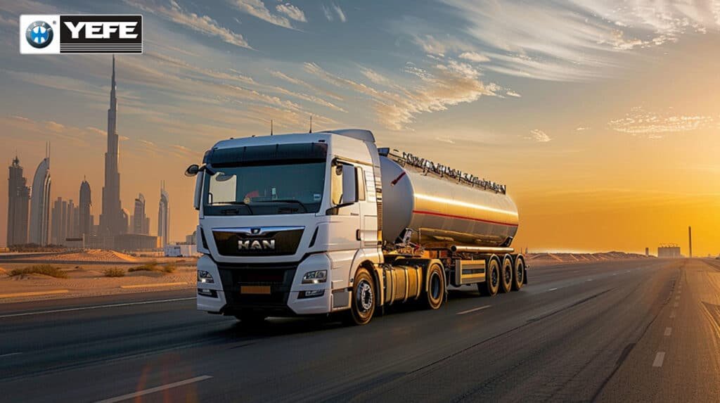 A white MAN heavy-duty tanker truck cruises along a modern highway at sunset, with the iconic Dubai skyline, including the Burj Khalifa, visible in the background. The scene captures the demanding operational conditions of commercial freight—high ambient temperatures, long-haul distances, and sustained engine loads. This image illustrates the critical need for a high-performance lubricant like YEFE Sports CF-4 15W-50, engineered to deliver superior oxidation resistance, soot control, and wear protection for MAN and other heavy-duty diesel engines operating in extreme urban and desert environments.