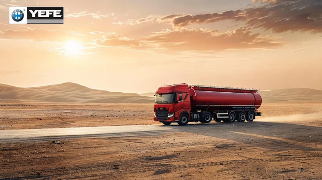 A red heavy-duty tanker truck drives along a dusty desert road at sunset, showcasing the harsh, high-temperature, and high-load conditions that commercial vehicles often face. The expansive, arid landscape emphasizes the extreme thermal stress and prolonged operation typical of long-haul freight transport. This image represents the real-world environment where engines require a high-performance lubricant like YEFE Sports CF-4 15W-50 to maintain reliability. Formulated for heavy-duty diesel engines, this oil delivers superior oxidation resistance, soot dispersion, and wear protection to ensure engine durability and extended service intervals even in the most demanding desert conditions.