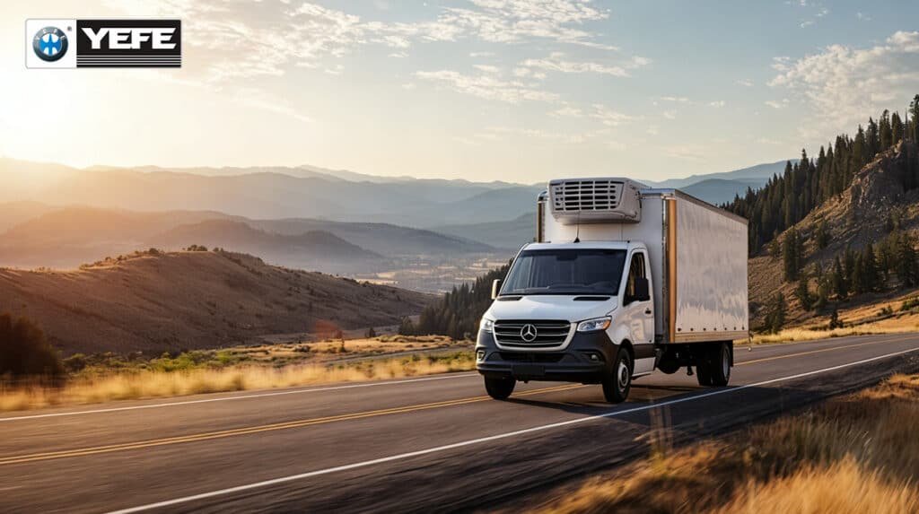 A white Mercedes-Benz Sprinter refrigerated delivery truck cruising on a mountain highway at golden hour, surrounded by rolling hills and pine forests; this scene represents the real-world operating conditions of commercial heavy-duty vehicles — sustained loads, extended hours, and variable thermal stress — where specialized engine oil like YEFE Sports CF-4/E3 20W-50 is essential to maintain viscosity stability, control soot, and protect against wear, ensuring engine longevity and reduced maintenance costs for fleet operators and logistics businesses.