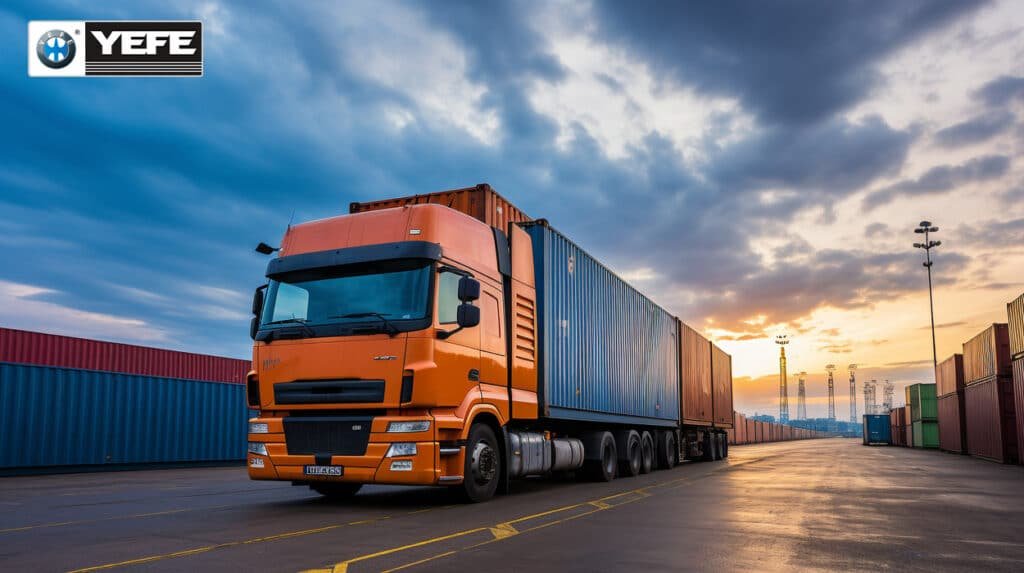 An orange heavy-duty container truck with a blue shipping container is parked in a bustling port logistics yard during sunset, surrounded by stacked cargo containers and industrial cranes; this image symbolizes the demanding operational environment of long-haul freight transport, where engines endure continuous high loads, prolonged idling, and extreme thermal stress — making specialized engine oil like YEFE Sports CF-4/E3 20W-50 critical for maintaining oil film strength, controlling soot buildup, and preventing premature wear in commercial diesel engines, ultimately supporting fleet reliability and cost-efficient maintenance.