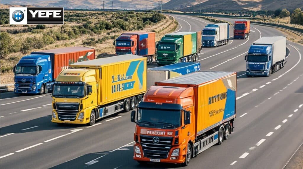 Multiple heavy-duty diesel trucks in transit on a multi-lane highway, representing diverse fleet operations where proper SAE viscosity grade selection — such as 15W-40 for warm climates or 5W-40 for cold starts — is critical for maintaining fuel efficiency, engine protection, and operational reliability across varying load and temperature conditions.