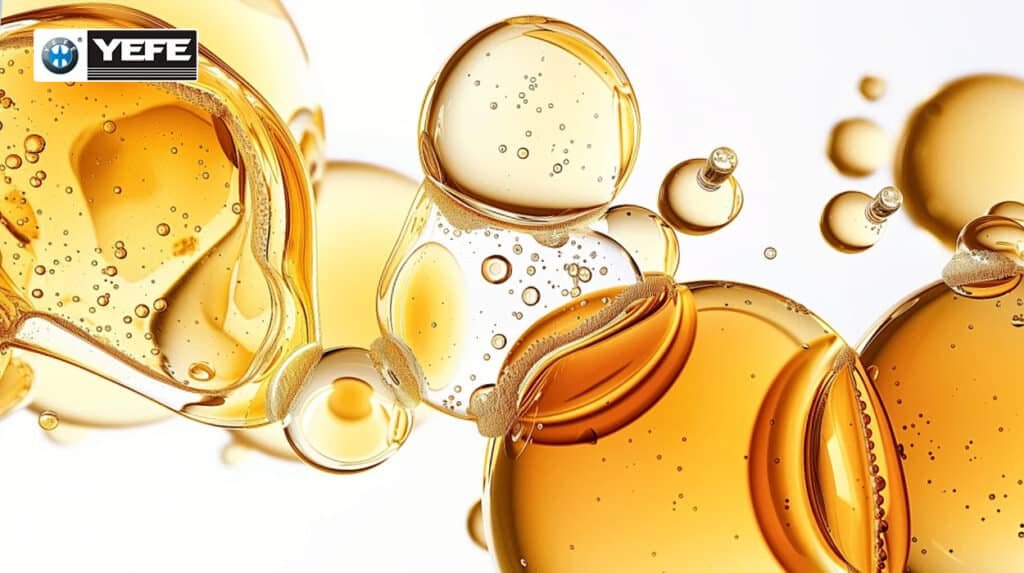 A macro artistic visualization of golden amber synthetic oil molecules in suspension, representing the advanced molecular structure and purity of high-performance lubricants used in modern diesel and gasoline engines to reduce friction, prevent oxidation, and ensure long-term engine protection.