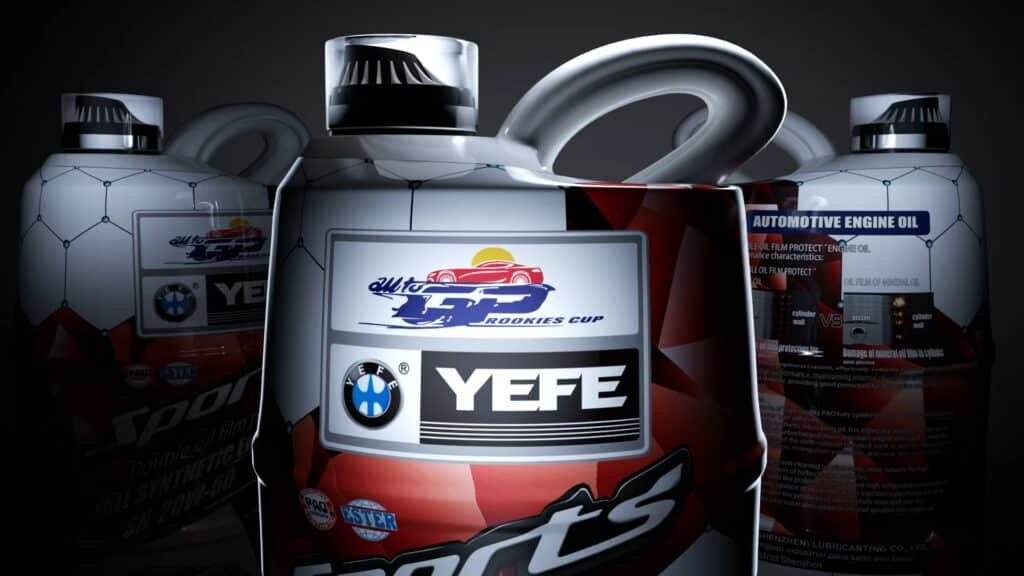 Three bottles of YEFE brand full synthetic engine oil displayed in a professional studio setting, featuring automated filling and tamper-evident labeling, highlighting the final stage of private label manufacturing and packaging quality control.