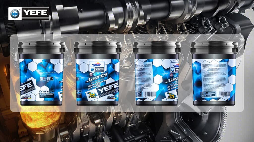 Four 18-liter pails of YEFE Sports full synthetic diesel engine oil (CF-4 20W-50) displayed against a background of internal engine components including crankshaft, camshaft, and pistons, highlighting the product’s double oil film technology designed to protect critical moving parts from wear, oxidation, and thermal stress in high-load diesel engines.
