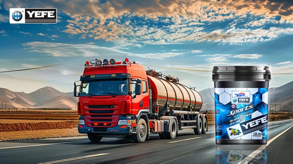 A red heavy-duty tanker truck driving on a multi-lane highway under a dramatic sky, with a 18-liter pail of YEFE Sports full synthetic diesel engine oil (CF-4 20W-50) prominently displayed in the foreground, emphasizing the product’s double oil film protection technology designed to maintain engine reliability, reduce friction, and extend service life for high-mileage, heavy-load commercial fleets operating under continuous stress and long-haul conditions.