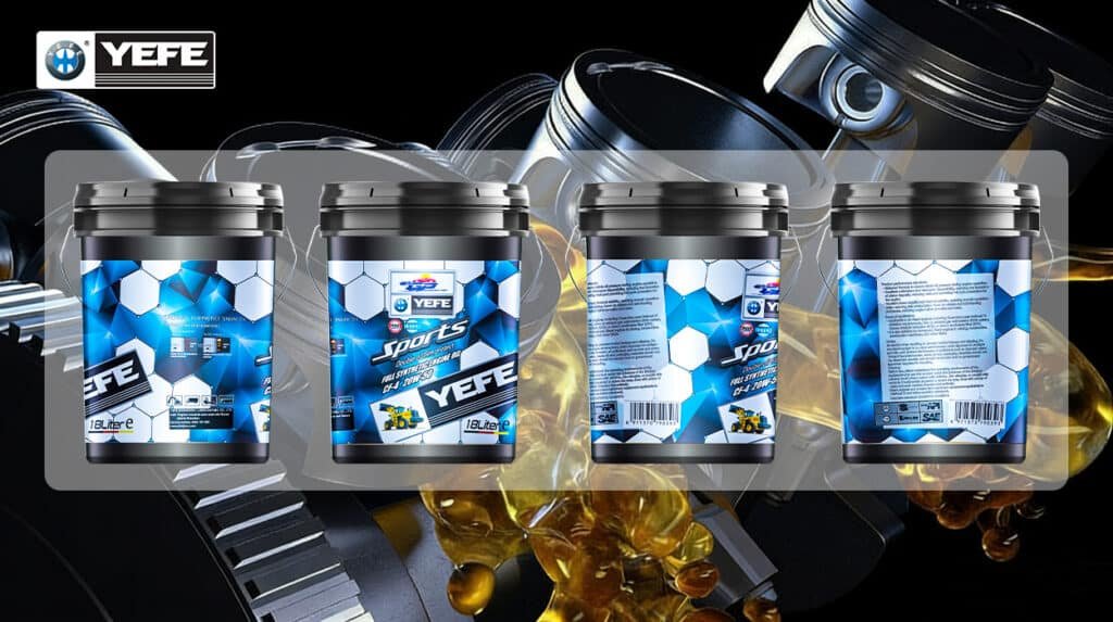 Four 18-liter pails of YEFE Sports full synthetic diesel engine oil (CF-4 20W-50) displayed in a row against a technical background featuring engine pistons and flowing golden oil; the product packaging highlights the "Double Oil Film Protection" technology designed to deliver superior oxidation resistance, viscosity retention, and wear protection essential for long-haul transportation and severe-duty operations where continuous thermal stress and extended drain intervals demand consistent, reliable lubrication performance.