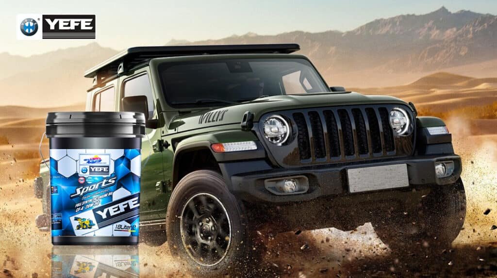 A green Jeep Wrangler-style off-road vehicle driving aggressively through a dusty, rocky desert terrain with mountains in the background, alongside a 18-liter pail of YEFE Sports full synthetic diesel engine oil (CF-4 20W-50) prominently displayed in the foreground, emphasizing the product’s double oil film protection technology designed to maintain viscosity stability, resist thermal breakdown, and provide superior wear protection under extreme shock loads, high dust exposure, and intermittent operating cycles typical of severe-duty off-road and construction environments.