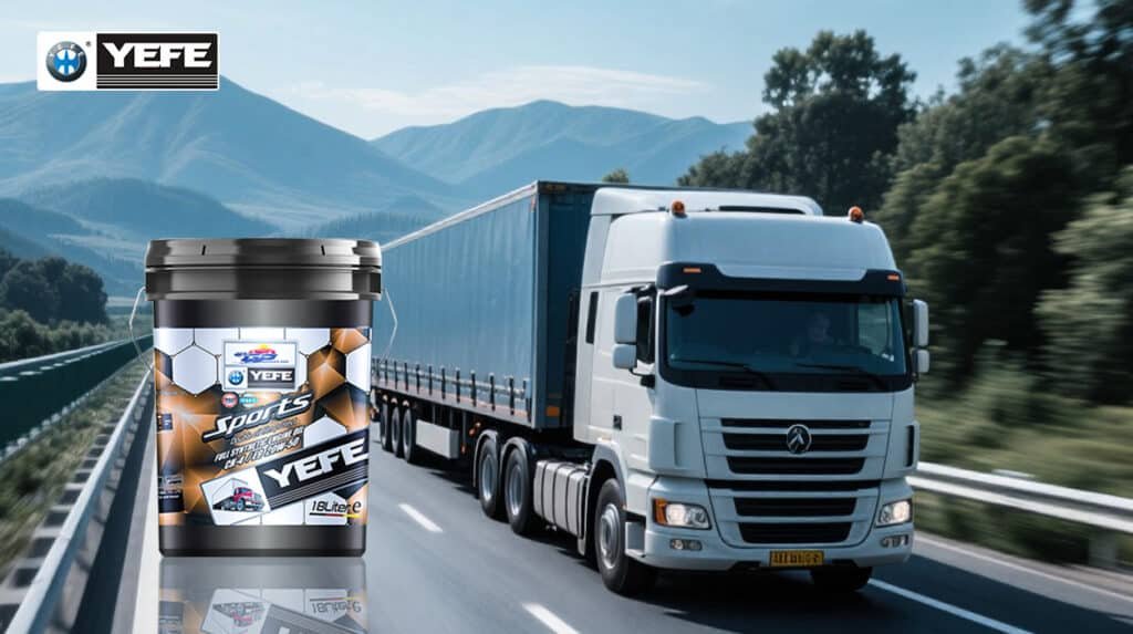  A 18-liter bucket of YEFE Sports full synthetic diesel engine oil (CH-4/E3 20W-50) displayed alongside a white heavy-duty truck driving on a highway, emphasizing its suitability for long-haul commercial transport and high-performance lubrication under demanding operating conditions.