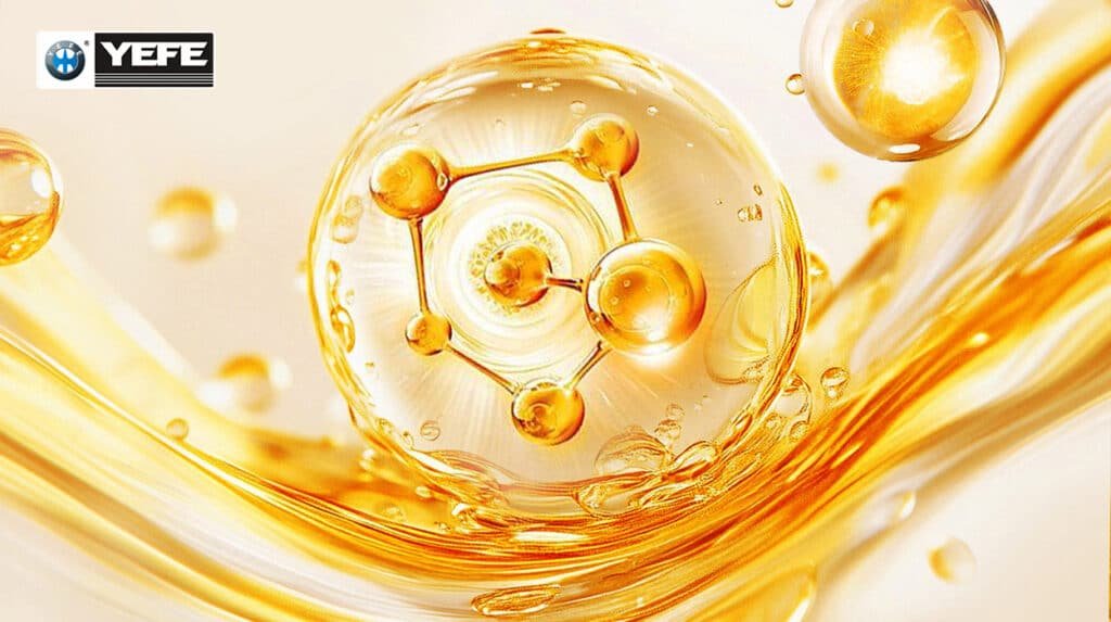 A dynamic, macro-style visualization of golden engine oil with a glowing molecular structure at its core — symbolizing YEFE’s scientifically formulated additive package that enhances oxidation resistance, maintains viscosity under high heat, reduces friction and wear, and ensures long drain intervals in heavy-duty truck engines operating across Africa’s and the Middle East’s most demanding environments.