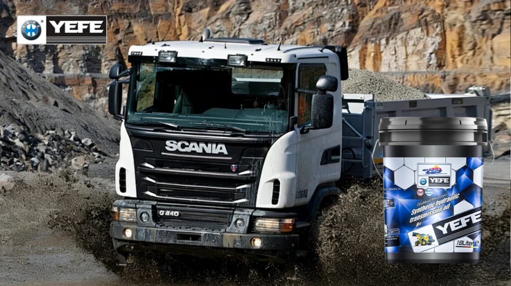 A white Scania heavy-duty off-road mining dump truck navigating a rugged, dusty haul road in a quarry environment, with a 18-liter pail of YEFE Synthetic Hydraulic Transmission Oil 8# prominently displayed in the foreground, highlighting the product's double oil film protection technology engineered to maintain viscosity stability, resist thermal breakdown, and provide superior wear protection under extreme shock loads, high dust exposure, and intermittent operating cycles typical of construction and mining fleets.