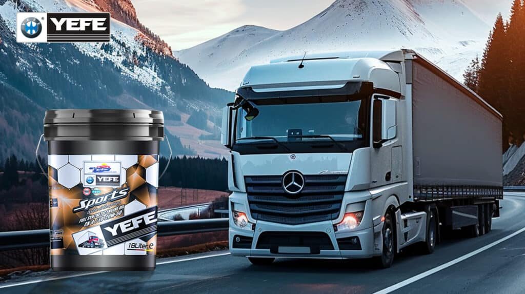 YEFE Sports full synthetic diesel engine oil (CI-4/15W-40) beside a Mercedes-Benz truck driving on a snowy mountain road — demonstrating cold-start protection, thermal stability, and long-drain performance for commercial fleets under harsh operating conditions.