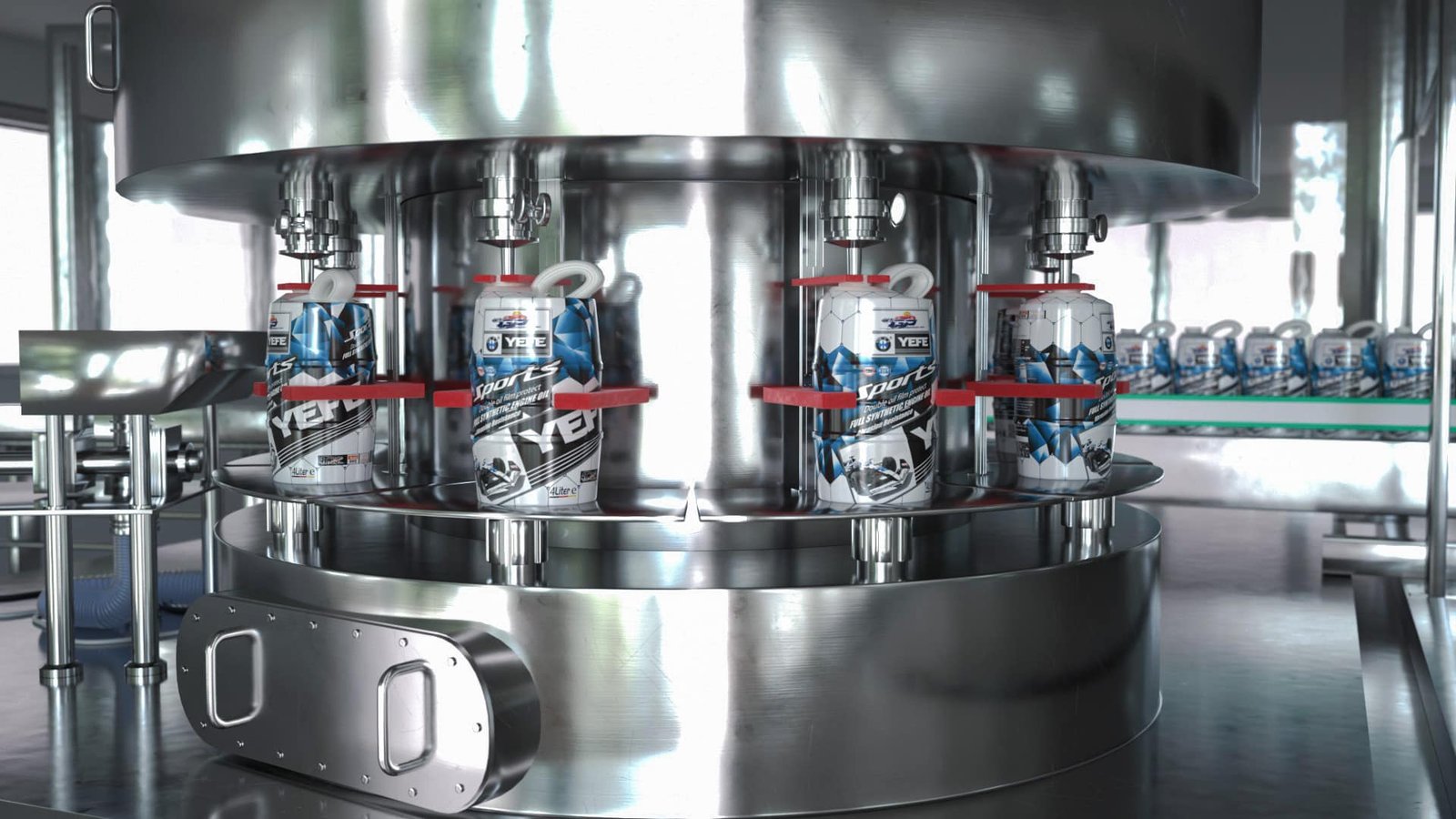 automated lubricant filling production line for engine oil packaging at YEFE manufacturing facility with strict quality control