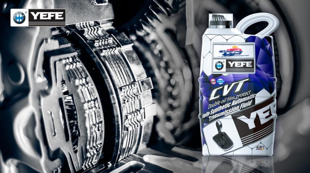 YEFE CVT fully synthetic automatic transmission fluid 4 Liter bottle for heavy-duty trucks and buses showing double oil film protection technology, demonstrating specialized transmission oil for commercial fleet vehicles with shear stability, thermal oxidation resistance, and extended drain intervals to protect gears, clutches, and bearings under high torque and severe operating conditions