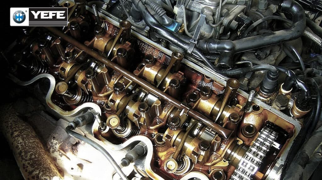 Close-up view of a disassembled engine cylinder head showing clean camshafts, valve train components, and oil passages with minimal sludge or varnish buildup — demonstrating the superior detergency and thermal stability of YEFE full synthetic engine oils under real-world operating conditions. This visual evidence supports claims of extended drain intervals, reduced wear on critical parts like rocker arms and timing chains, and protection against soot accumulation in EGR-equipped engines. Ideal for importers validating product performance through field results, fleet maintenance records, or post-drain inspections to ensure compliance with API CK-4/FA-4, ACEA E9/E7, and OEM specifications such as MB 228.51 or Cummins CES 20086.