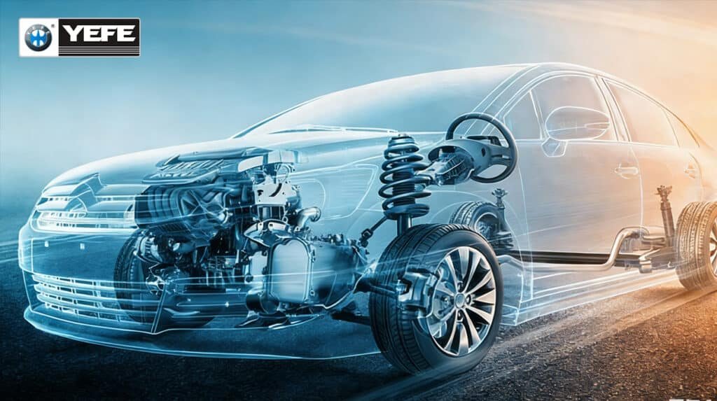 A transparent X-ray view of a modern sedan revealing the internal engine, transmission, and suspension systems, branded with the YEFE logo. This visualization emphasizes the holistic approach to vehicle maintenance, illustrating how high-quality lubricants are essential not just for the engine's internal components, but for the entire drivetrain and chassis to ensure longevity, reduce wear, and maintain optimal performance under various driving conditions.
