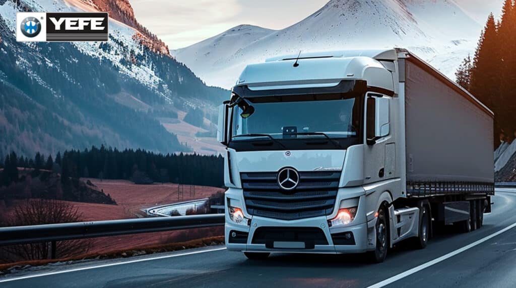 White Mercedes-Benz Actros semi-truck navigating snowy mountain highway at dawn, symbolizing the demanding operational conditions where YEFE’s premium truck engine oils deliver reliable lubrication, cold-start protection, and extended drain intervals — engineered to meet or exceed API CK-4, FA-4, ACEA E9/E7, and major OEM specifications including MB 228.51, Volvo VDS-4.5, and Cummins CES 20086. Ideal for importers seeking consistent quality, full documentation (TDS/COA/MSDS), and market-ready packaging for global heavy-duty fleets operating in extreme climates.