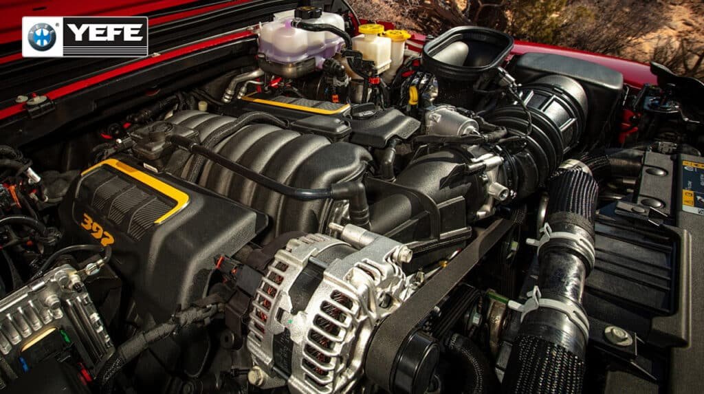 Clean, detailed view of a modern high-output gasoline engine (e.g., 392 HEMI-style) with turbocharging and advanced valvetrain — showcasing the ideal application for YEFE full synthetic motor oil. Formulated to resist thermal breakdown under extreme heat, maintain viscosity stability during aggressive driving, and protect tight-tolerance components like variable valve timing systems. Delivers superior detergency, reduced sludge, and extended drain intervals — perfect for performance trucks, SUVs, and heavy-duty gasoline engines operating under sustained load or in hot climates.