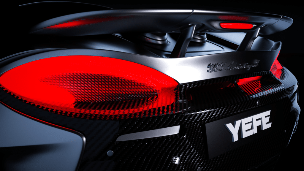 The rear of a carbon fiber high-performance sports car featuring the YEFE brand logo. This image illustrates the demanding conditions of high-load driving and turbocharged engines, emphasizing the need for stable, high-quality lubricants that resist thermal breakdown and protect engine components under extreme stress.