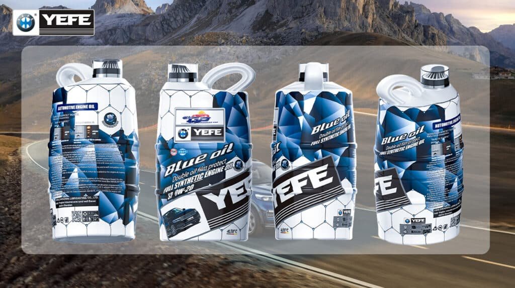 Four containers of YEFE Blue Oil 0W-20 full synthetic engine oil are showcased, featuring the brand's distinctive blue and white packaging with 'Double oil film protect' technology. This image supports the article "Why Engine Oil Is Critical for Modern Passenger Cars" by presenting a high-performance lubricant engineered for today's advanced engines. Modern vehicles require oils that can handle extreme heat, prevent deposit formation, and maintain a protective film under high shear forces. YEFE Blue Oil's formulation ensures optimal viscosity stability and oxidation resistance, safeguarding critical engine components and contributing to fuel efficiency and reduced emissions, which are essential for the longevity and performance of contemporary passenger cars.