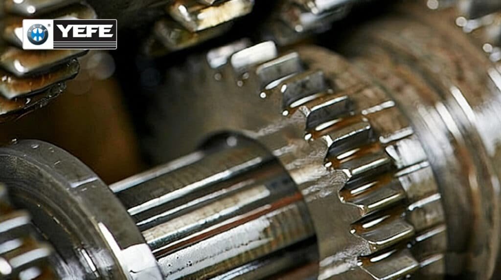 Lubricated industrial gears under load — demonstrating YEFE’s advanced EP additives, anti-wear film, and thermal stability in heavy-duty transmissions and differentials. Proven performance where metal-to-metal contact demands maximum durability.
