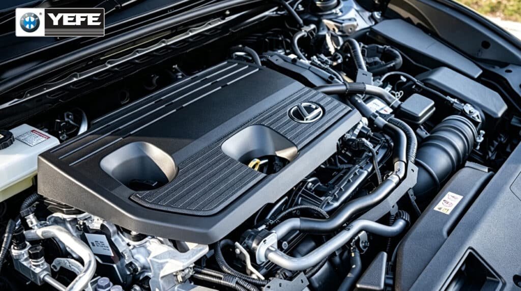 A detailed view of a modern Lexus engine bay, showcasing the clean and well-maintained components under the hood. The image features the YEFE brand logo, emphasizing the importance of using high-quality lubricants to protect engines from wear, oxidation, and thermal stress, especially under demanding driving conditions. This visual represents the superior engine protection and longevity achieved with YEFE's advanced oil formulations.