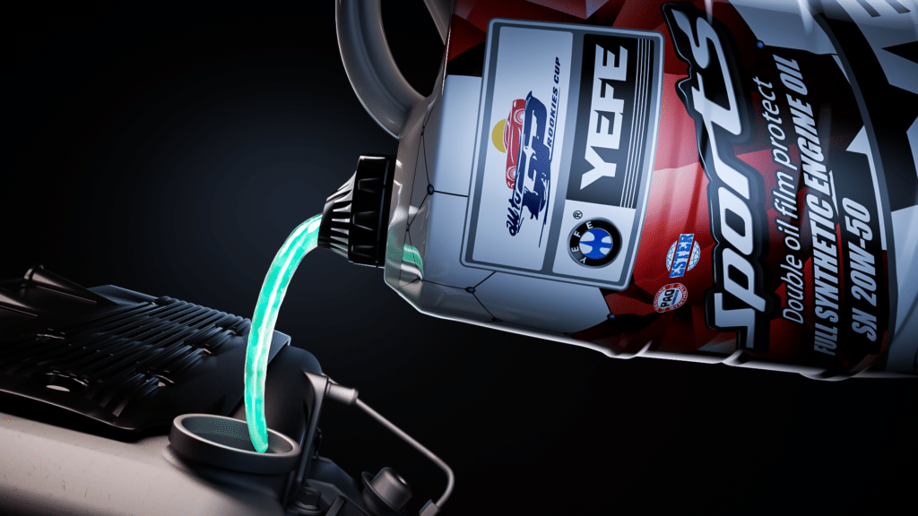 A bottle of YEFE Sports 20W-50 Full Synthetic Engine Oil is being poured into an engine. This high-viscosity oil is formulated for extreme temperature conditions and heavy loads, offering superior thermal stability and oxidation resistance to protect engines during sustained high-speed driving or in hot climates.