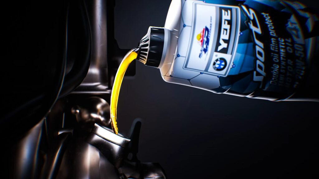 A dynamic shot of golden YEFE Sports 20W-50 semi-synthetic motor oil being poured into an engine, showcasing its "Double oil film protect" technology. This visual emphasizes the oil's role in lubrication, cooling, cleaning, and corrosion protection—critical functions for modern engines under high thermal and mechanical stress. The image supports the article’s explanation of engine oil as an active, multi-functional system that ensures reliability, efficiency, and longevity in turbocharged and high-load applications.