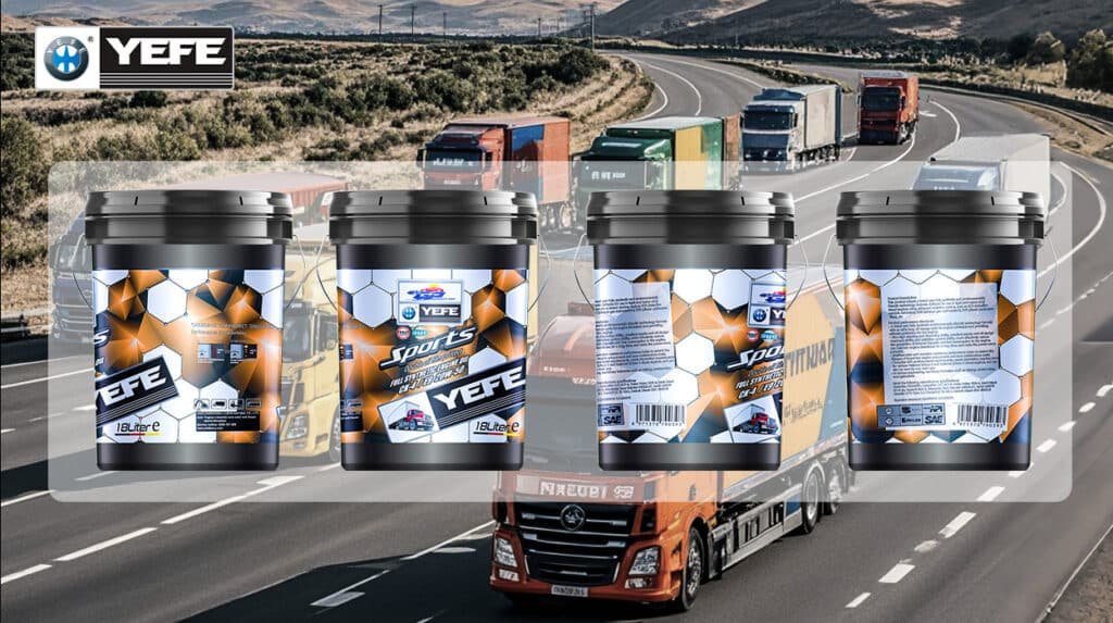 Four 18-liter pails of YEFE Sports full synthetic diesel engine oil (5W-40 CK-4) displayed over a highway scene with multiple heavy-duty trucks hauling cargo, illustrating the product’s real-world application in long-haul, high-load logistics. The label highlights API CK-4 compliance, shear-stable viscosity index enhancers, and thermal resistance up to 230°C — engineered to maintain protective oil film under extreme pressure while ensuring efficient cold-start flow and heat dissipation. Designed for modern turbocharged engines with tight tolerances, this formulation reduces parasitic drag, improves fuel economy, and extends drain intervals without compromising wear protection — ideal for importers targeting fleets operating in hot climates or mountainous terrain where balanced viscosity is critical for engine longevity and operational efficiency.