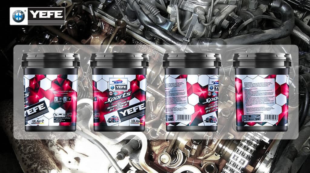 Four 18-liter pails of YEFE Sports full synthetic engine oil (0W-40 SN/CF) displayed against a backdrop of a high-performance turbocharged engine, showcasing the product’s premium red-and-black hexagonal label design, bilingual technical specifications, barcode traceability, and OEM-aligned formulation — engineered for motorsport-derived protection, thermal stability, and extended drain intervals. Ideal for importers seeking market-ready packaging with complete documentation (TDS, COA, MSDS), compliant labeling for global distribution, and consistent batch quality from an ISO-certified manufacturer specializing in performance lubricants for gasoline and light-duty diesel engines.