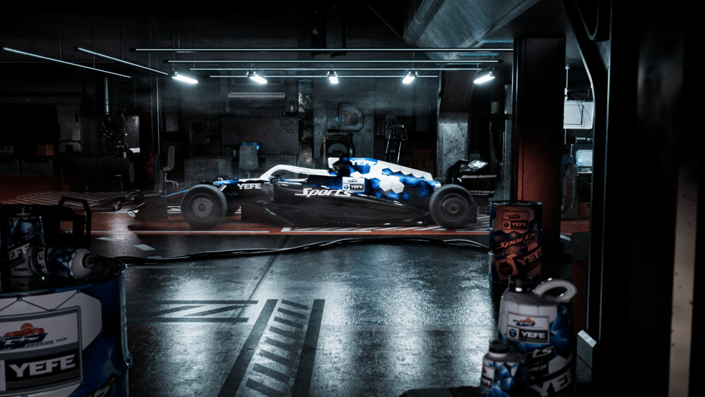 A high-performance racing car branded with YEFE Sports engine oil is parked in a garage, surrounded by barrels and containers of lubricants. This scene illustrates the critical need for high thermal stability and shear resistance in engine oil, particularly for turbocharged engines and vehicles operating under extreme stress or high RPMs, as discussed in the guide on matching oil properties to engine design.