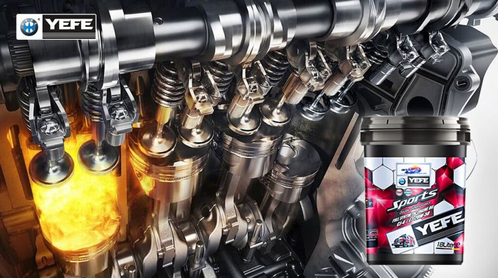 Cutaway view of a high-performance diesel engine under intense combustion, paired with an 18L bucket of YEFE Sports full synthetic CK-4 / FA-4 engine oil — engineered to resist oxidation, maintain film strength at extreme temperatures, and protect critical components like pistons, camshafts, and turbochargers in Africa’s and Middle East’s harshest operating conditions.