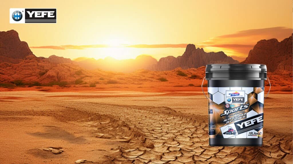 A rugged 18L bucket of YEFE Sports full synthetic diesel engine oil (CK-4 / FA-4) stands resilient against a vast, cracked desert landscape at sunset — symbolizing its ability to withstand extreme ambient heat, resist oxidation, maintain viscosity under heavy loads, and deliver long-lasting protection in Africa’s and Middle East’s most unforgiving environments.