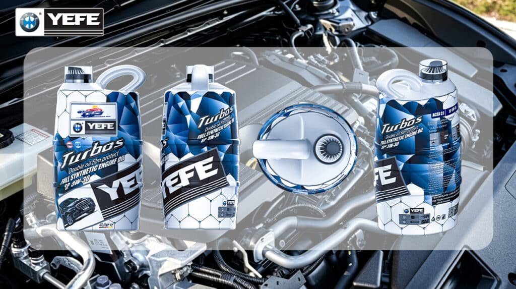 Three bottles of YEFE Turbos 5W-30 Full Synthetic Engine Oil are displayed over a car engine background. This 5W-30 grade oil features "Double oil film protect" technology, designed for turbocharged engines. The 5W-30 viscosity offers balanced cold-start performance and high-temperature protection, making it suitable for modern vehicles requiring stable lubrication under high stress.