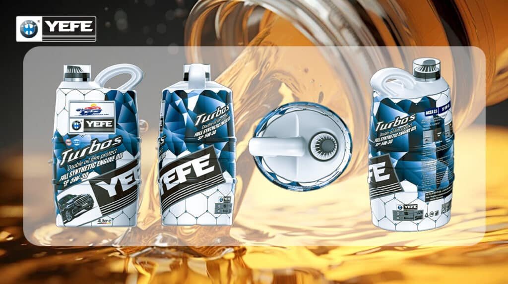 Three bottles of YEFE Turbos Full Synthetic Engine Oil (SP 5W-30) displayed against a backdrop of flowing golden oil, with a close-up of a turbocharger component. This image highlights the product's "Double oil film protect" technology, designed to deliver superior lubrication, reduce wear, and enhance performance in modern turbocharged engines under high-temperature and high-stress conditions.