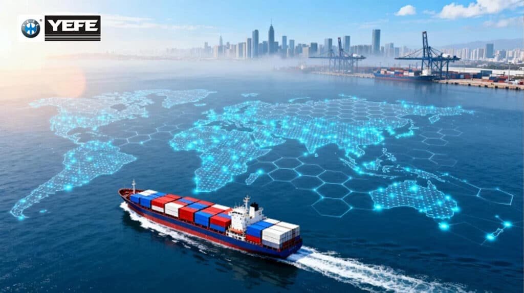 A container ship sails across a digital world map overlaid with glowing hexagonal networks, symbolizing YEFE’s global supply chain and targeted distribution strategy — ensuring that region-specific truck engine oils (like Sports CK-4/FA-4) reach African and Middle Eastern markets reliably, despite extreme logistics challenges, while maintaining product integrity from port to remote depot.