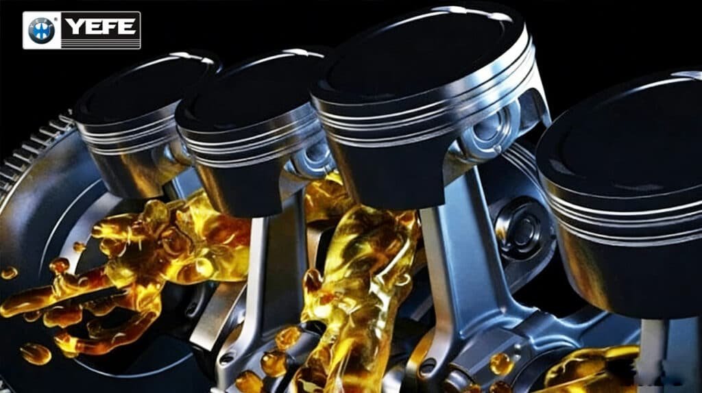 A close-up 3D illustration of an engine's internal components, specifically pistons and connecting rods, being lubricated by golden engine oil. This image visualizes the critical role of oil viscosity, such as 0W-20 or 5W-30, in creating a protective film that reduces friction and wear. It demonstrates how the right oil grade ensures smooth operation, effective cooling, and protection for high-performance engines under various temperature and load conditions.