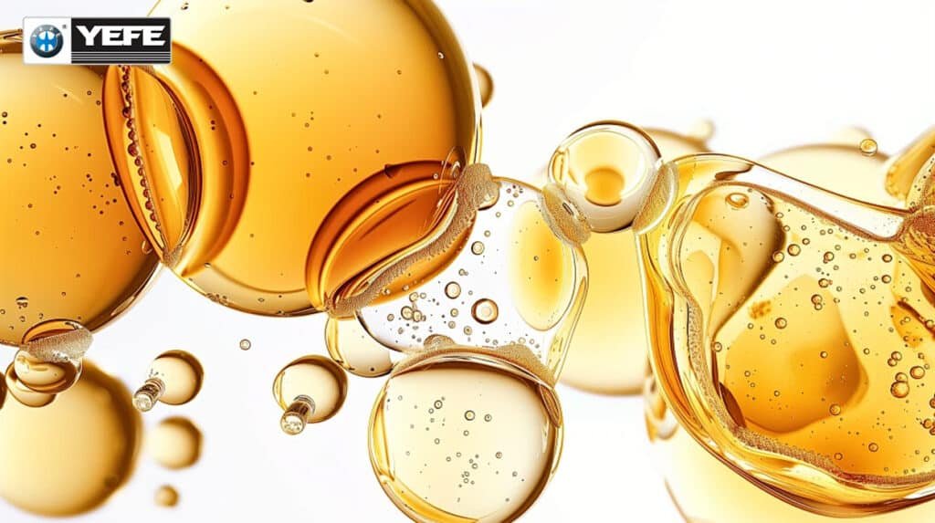 An abstract, close-up view of golden oil bubbles merging, symbolizing the precise blending of base oils and advanced additive packages. This image illustrates the complex chemistry behind high-performance engine oil, a core competency of direct manufacturers. The article highlights that manufacturers possess in-house laboratories and stringent QC systems to ensure that additives for wear protection, detergency, and oxidation resistance are perfectly balanced. This results in a stable, high-performing lubricant that protects engines under extreme conditions, a level of quality assurance that is difficult to guarantee when purchasing through intermediaries.