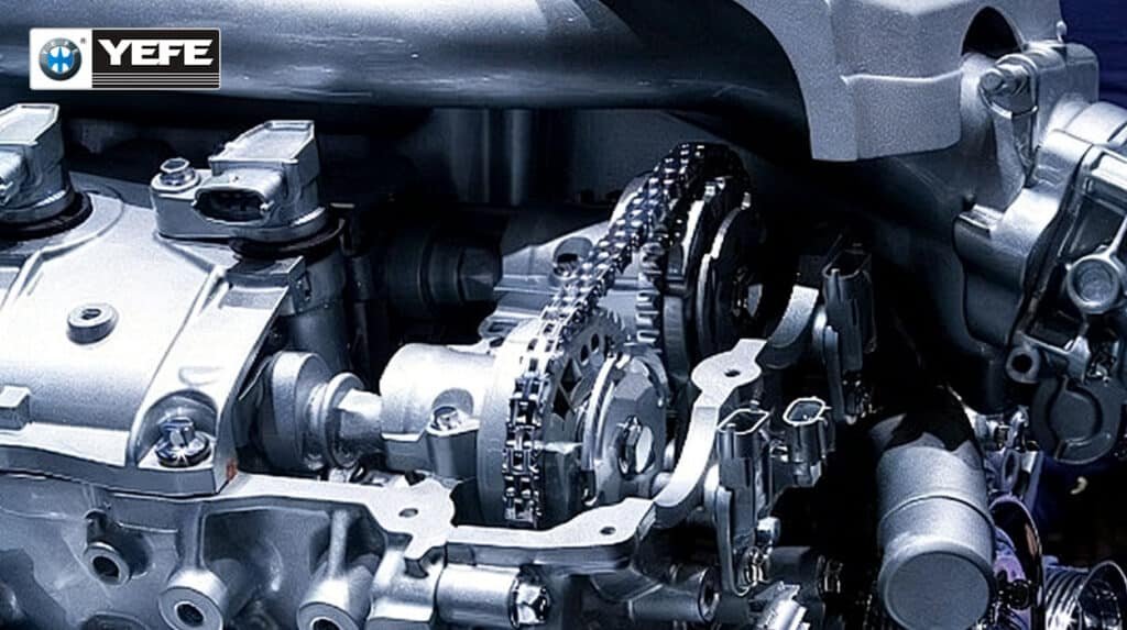 Close-up of vehicle engine internal metal timing chain, gears and cylinder parts, YEFE engine coolant antifreeze provides full anti-corrosion, anti-rust and heat transfer protection for aluminum & cast iron engine components, prevents overheating and component wear in all driving conditions