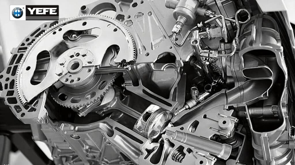A detailed cutaway illustration of a modern internal combustion engine, revealing critical components such as the crankshaft, camshaft, timing gears, and piston assembly. This technical view emphasizes the importance of selecting the correct lubricant, demonstrating how fully synthetic engine oil provides superior thermal stability and wear protection for high-stress areas like turbochargers and tight-tolerance bearings, while semi-synthetic blends offer reliable performance for standard operating conditions. The image visually supports the comparison between oil types, showcasing the complex mechanical environment where oil viscosity and additive quality determine engine longevity and efficiency.
