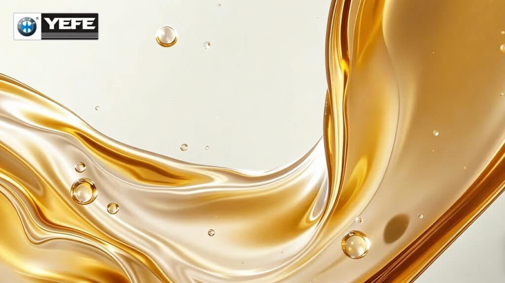 A close-up view of golden engine oil flowing smoothly, illustrating the concept of viscosity and fluid resistance. This image represents the importance of SAE viscosity grades, showing how oil must maintain optimal flow characteristics for cold starts while providing a stable protective film at high operating temperatures.