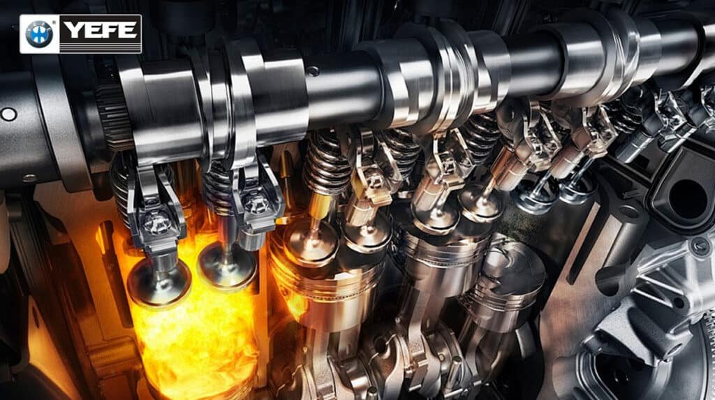 A detailed cutaway view of a modern internal combustion engine's valvetrain and combustion chambers, illustrating the critical role of engine oil viscosity. This image visually represents the concepts discussed in the article, showing how oil grades like 0W-20, 5W-30, and 10W-40 behave to lubricate camshafts, valves, and pistons under high temperature and pressure, ensuring optimal protection and performance.