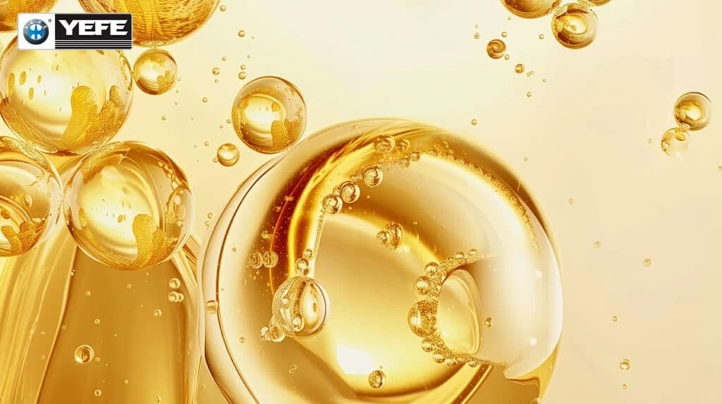 A macro shot of golden, pristine lubricant base oil droplets, representing the high-quality raw materials used in manufacturing. This visual emphasizes the importance of starting with superior base stocks, a key advantage of working directly with an engine oil manufacturer. As discussed in the article, manufacturers have direct control over raw material selection and formulation, ensuring the final product has excellent oxidation resistance and thermal stability. This level of control is often lacking when sourcing from traders, who may not have visibility into the upstream supply chain, leading to potential inconsistencies.