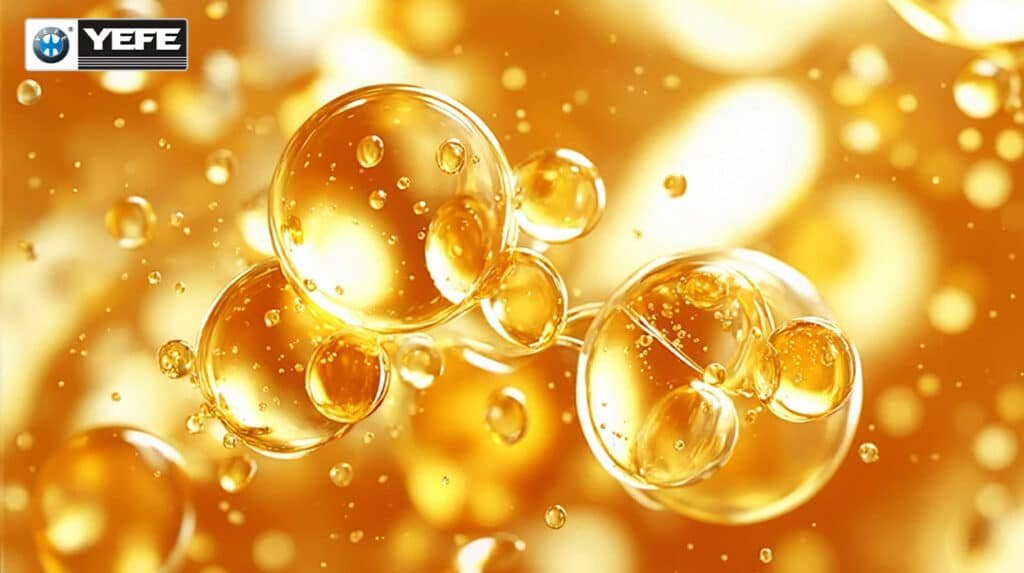 A close-up, abstract image of golden, translucent oil droplets suspended in a warm, glowing liquid. This visual represents the molecular-level engineering discussed in the article "OEM Automobile Engine Oil Manufacturing Explained." It symbolizes the precise blending of base oils and advanced additive packages that create a stable, high-performance lubricant. The image highlights the scientific foundation of OEM production, where every component is carefully selected and tested to ensure oxidation resistance, deposit control, and long-term engine protection.