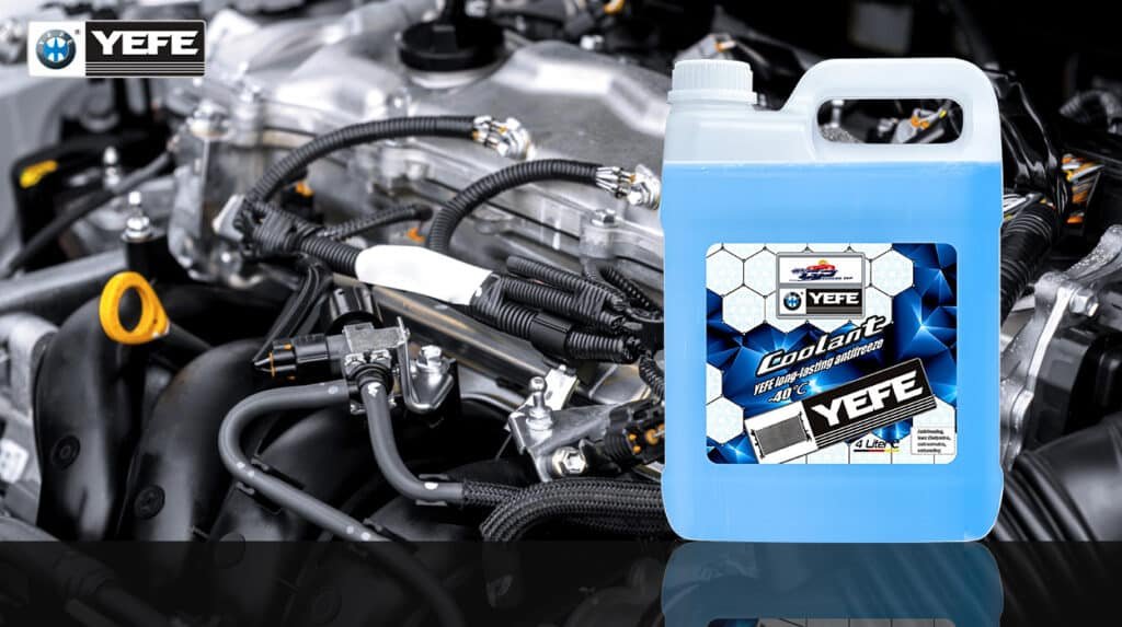 YEFE professional automotive engine coolant antifreeze concentrate at -40℃ freezing protection, ethylene glycol formula for passenger cars, commercial vehicles and fleets, delivers heat transfer, anti-rust and anti-boilover protection for all engine cooling system components, OEM compliant coolant for global auto repair shops and distributors, lab-tested corrosion inhibitor additives extend engine service life